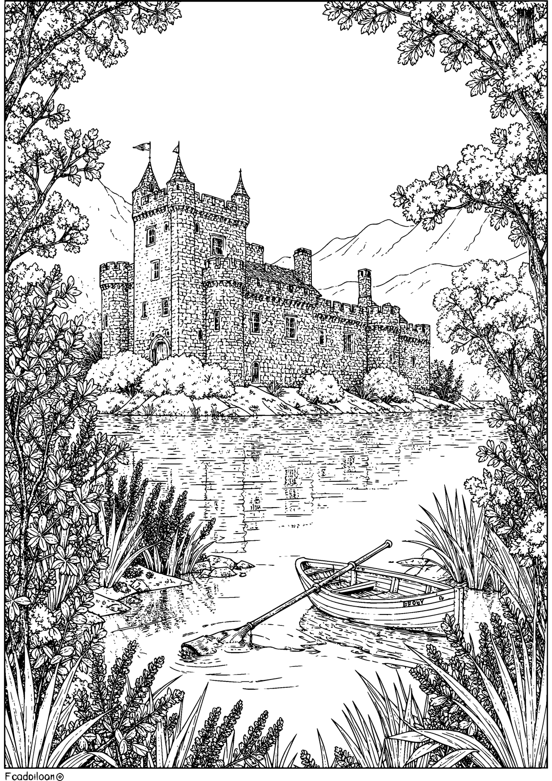 Castle on the Loch coloring page — mist drifts past the castle by the loch, free printable line art to color