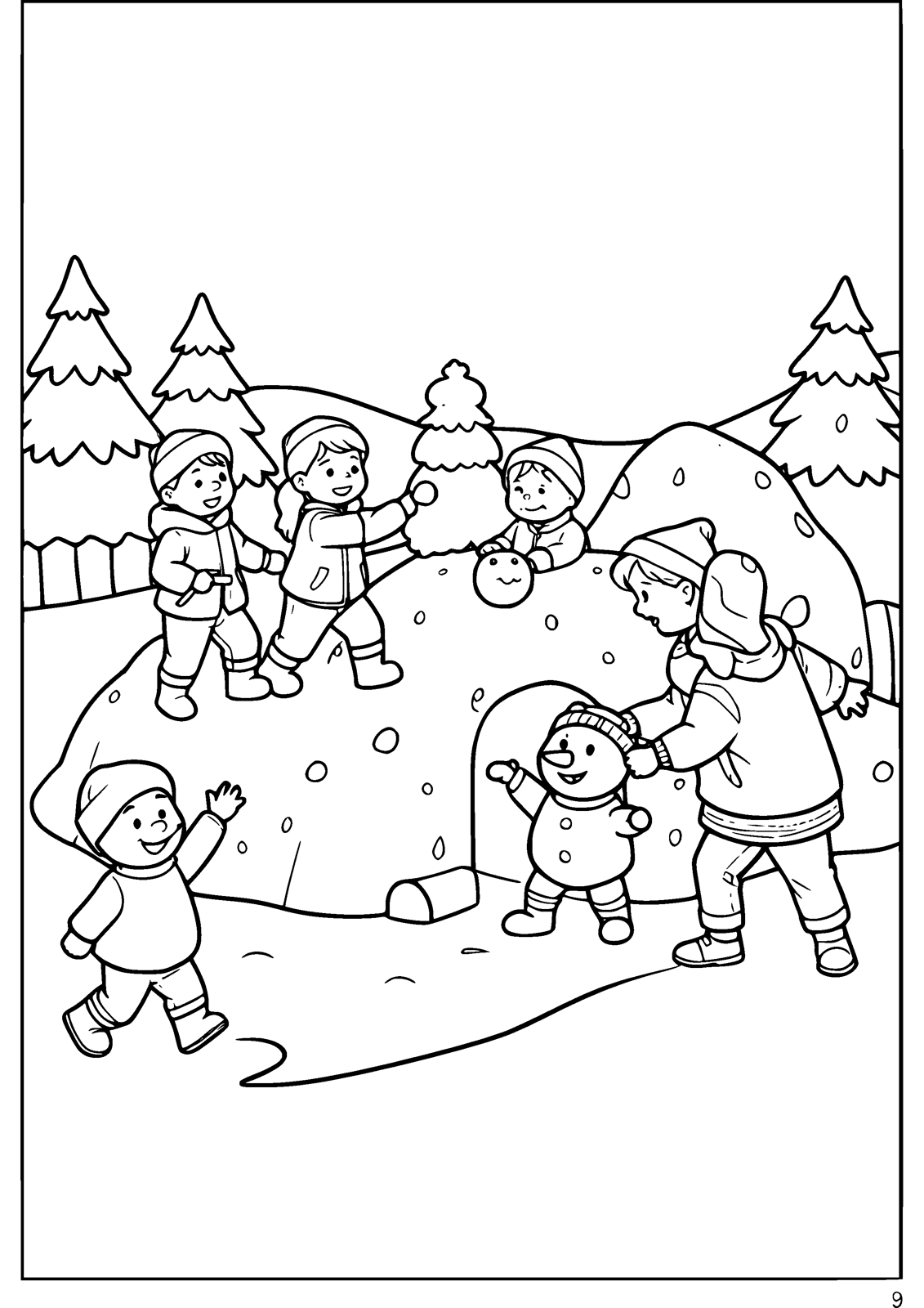 Snowball Fort coloring page — build the fort before the snowballs fly, free printable line art to color