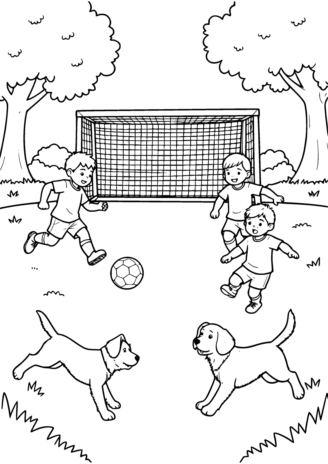 Soccer in the Park coloring page — score a goal at the park soccer game, free printable line art to color
