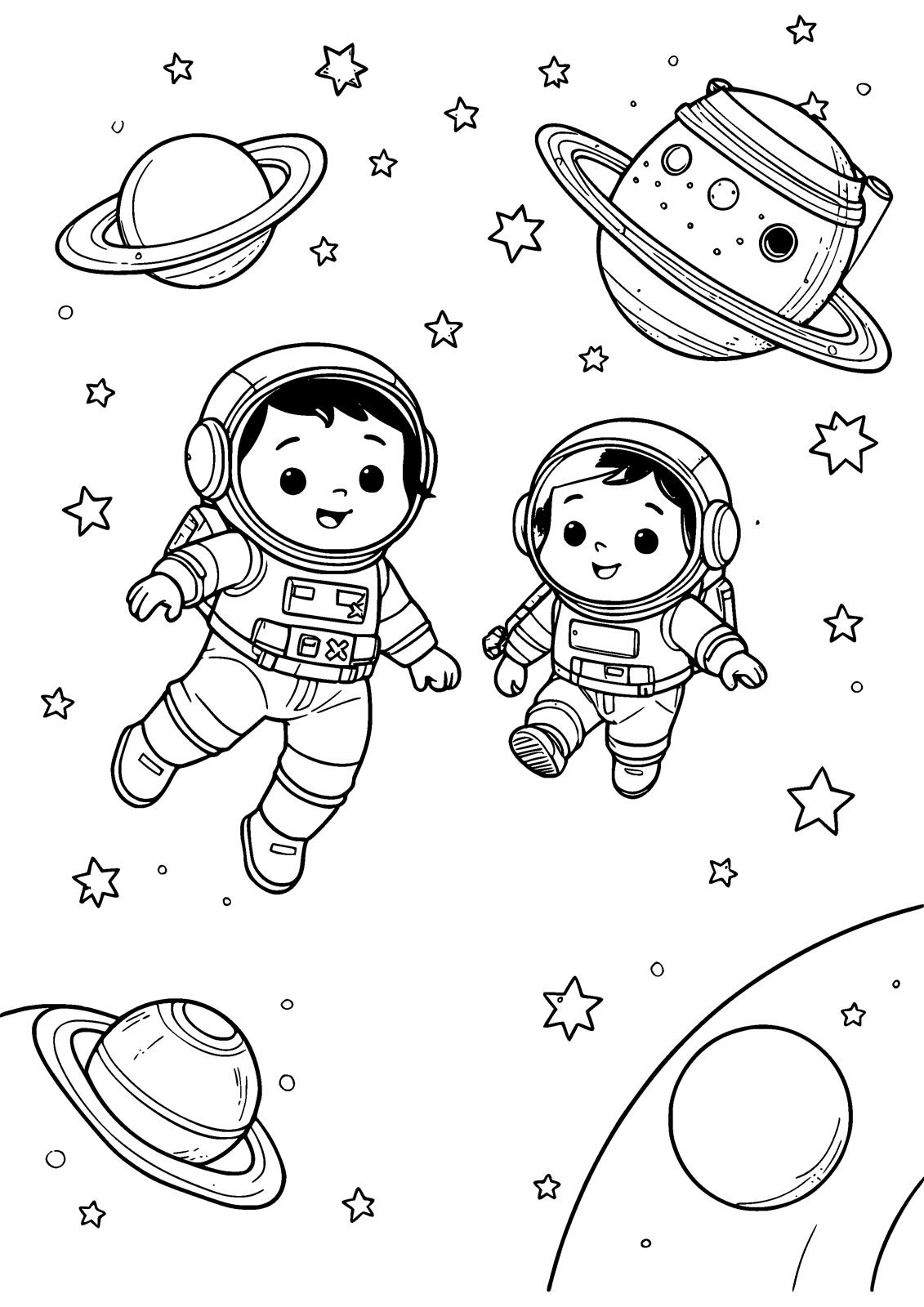 Space Station coloring page — astronauts float outside their space station, free printable line art to color