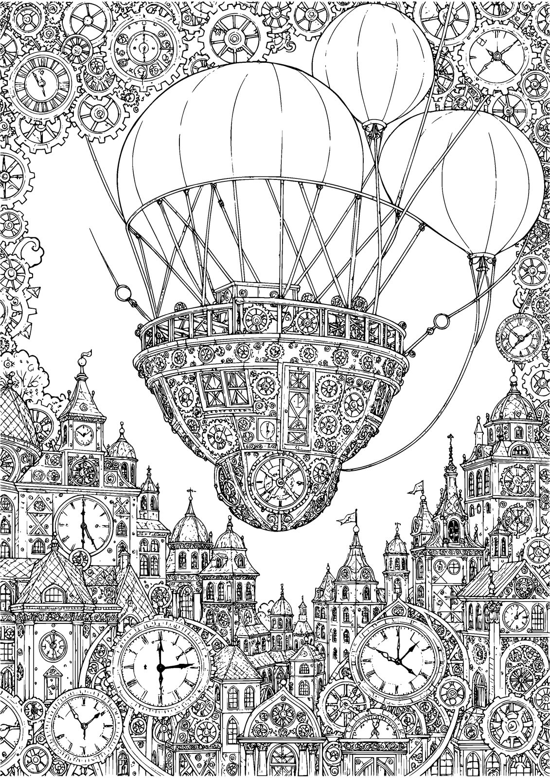 Steampunk Airship coloring page — an airship drifts over the clockwork city, free printable line art to color