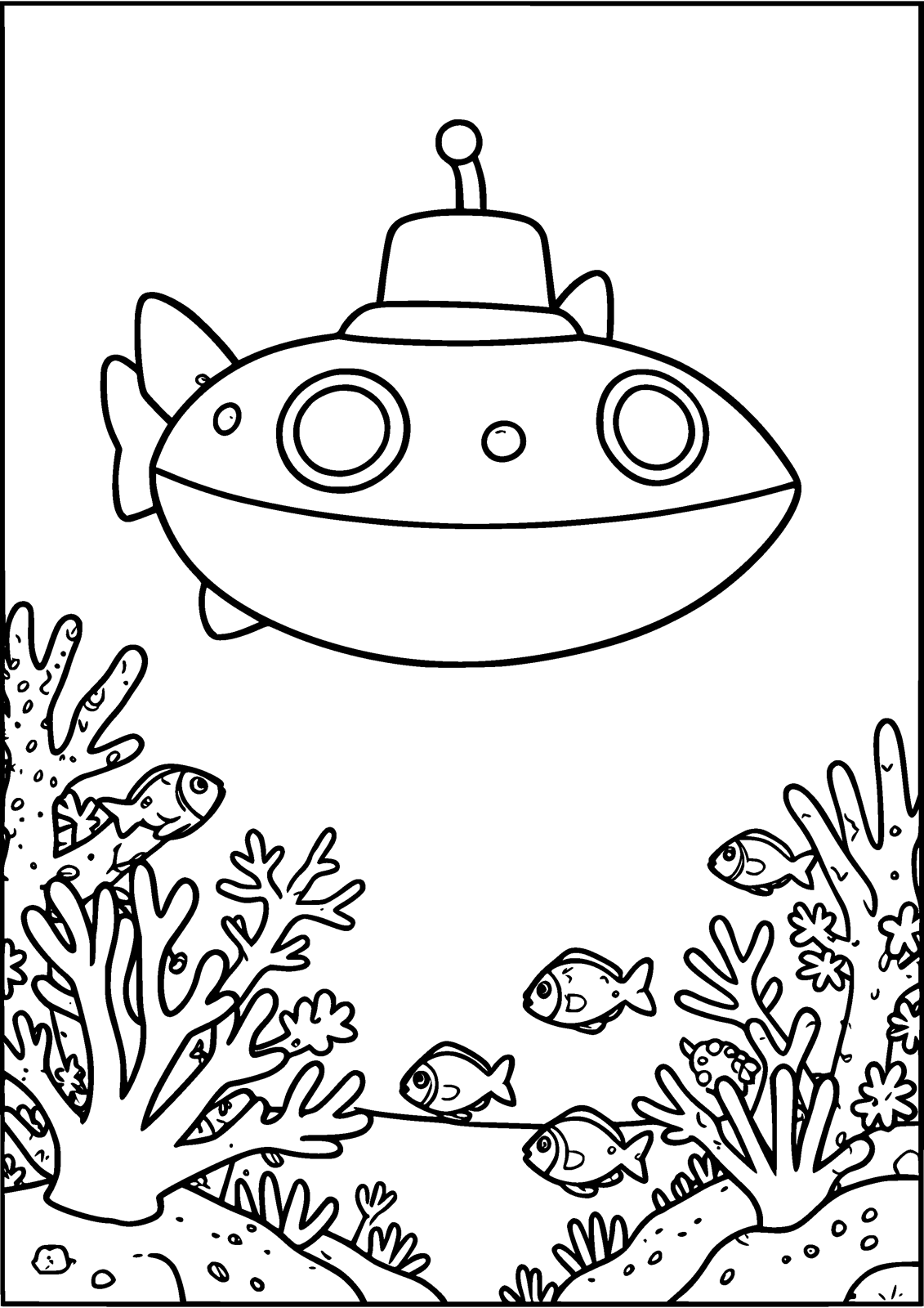 Submarine Explorers coloring page — dive deep to explore the coral reef by submarine, free printable line art to color