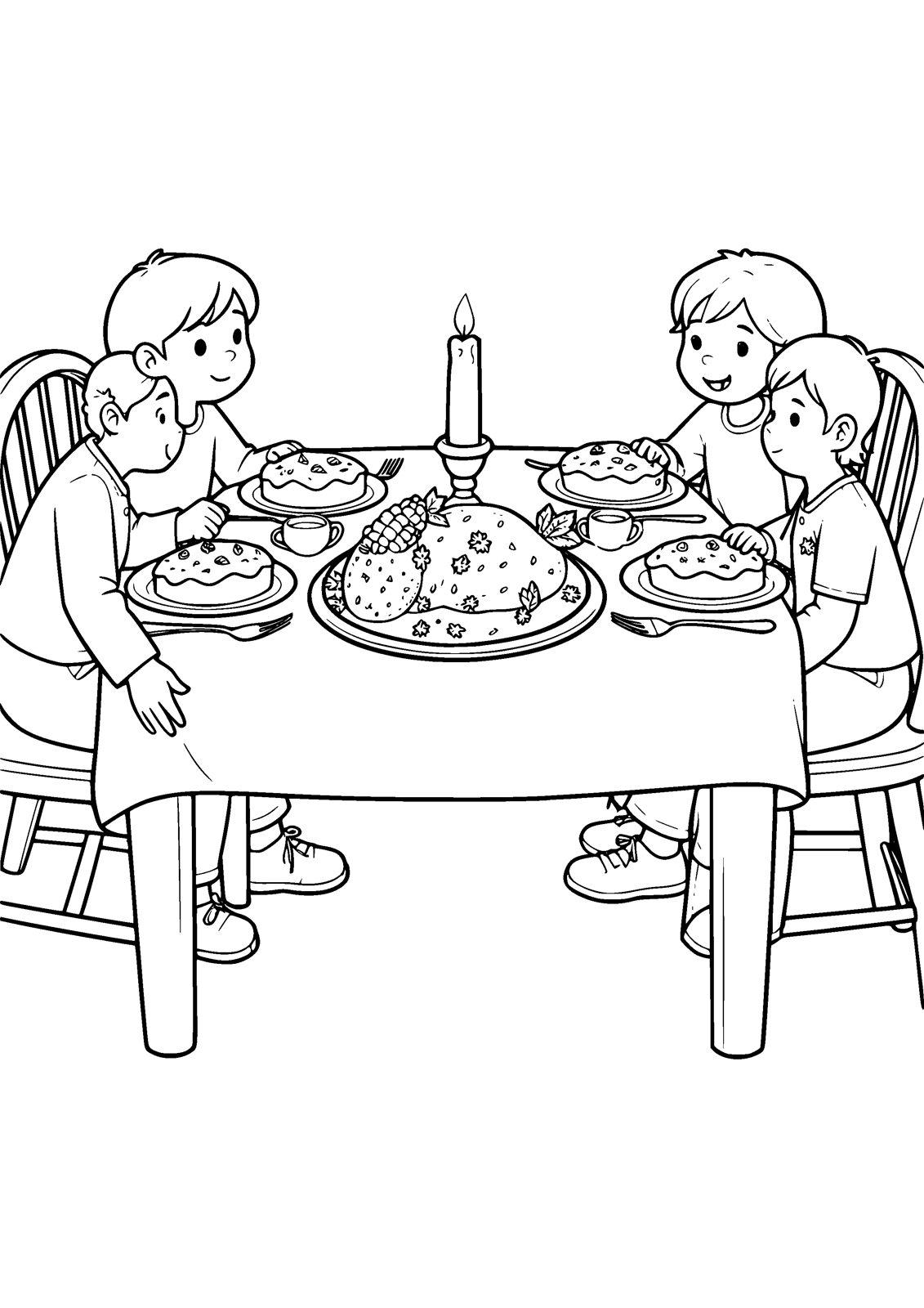 Thanksgiving Dinner coloring page — a table set with roast, pies and candles, free printable line art to color