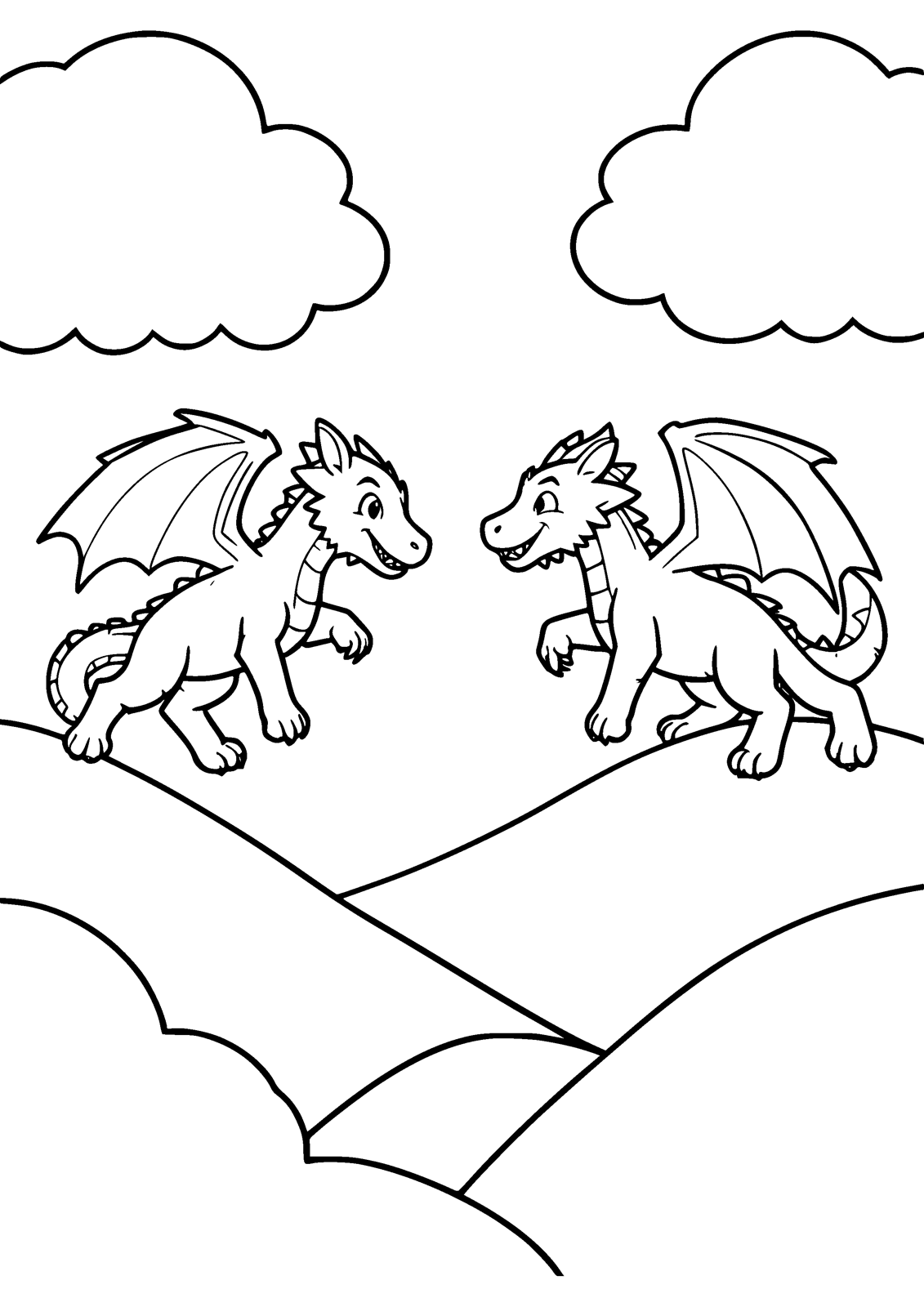 Two Dragons in the Sky coloring page — two dragons chase through the clouds, free printable line art to color