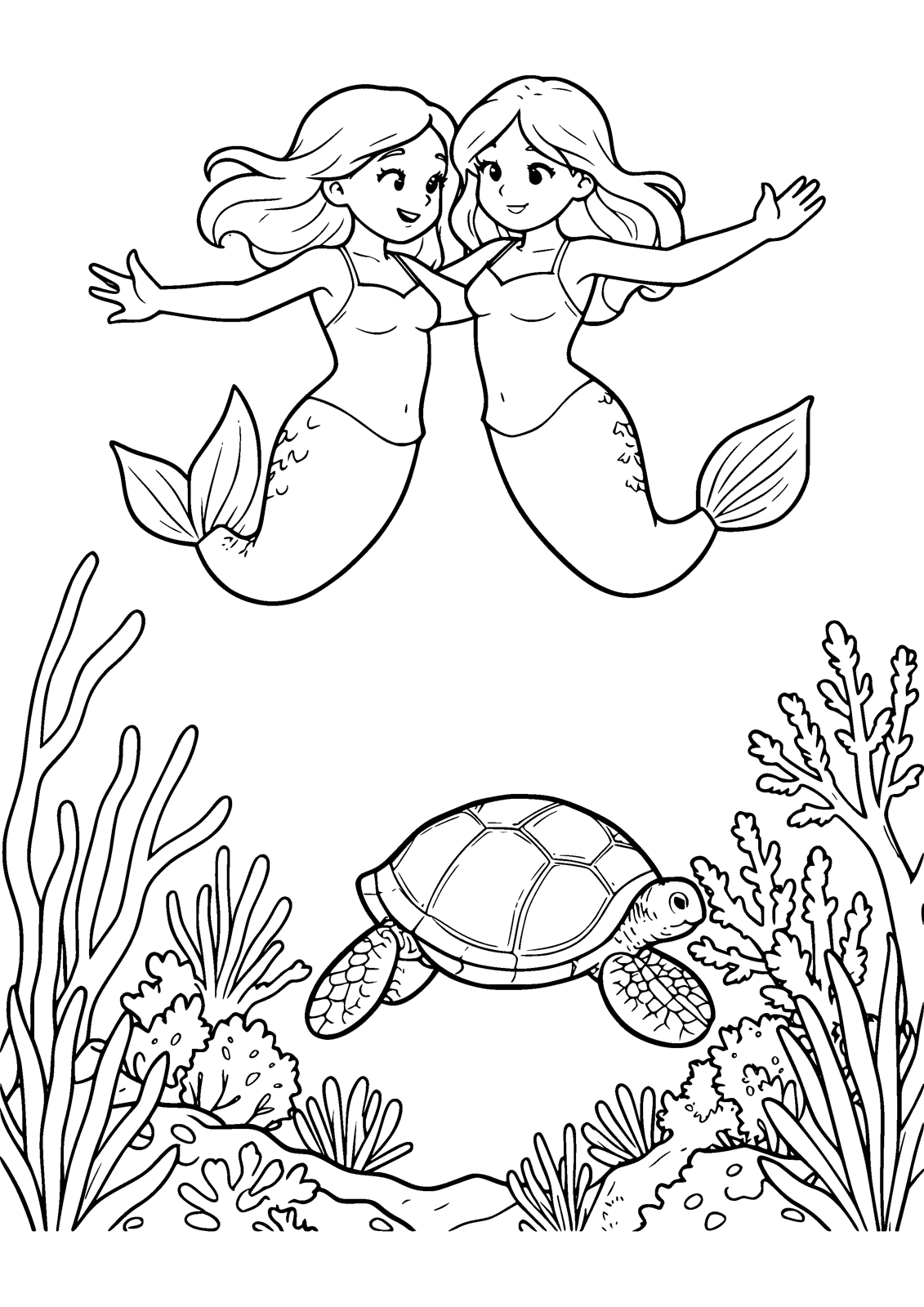 Two Mermaids and a Turtle coloring page — two mermaids swim above a reef with a turtle, free printable line art to color