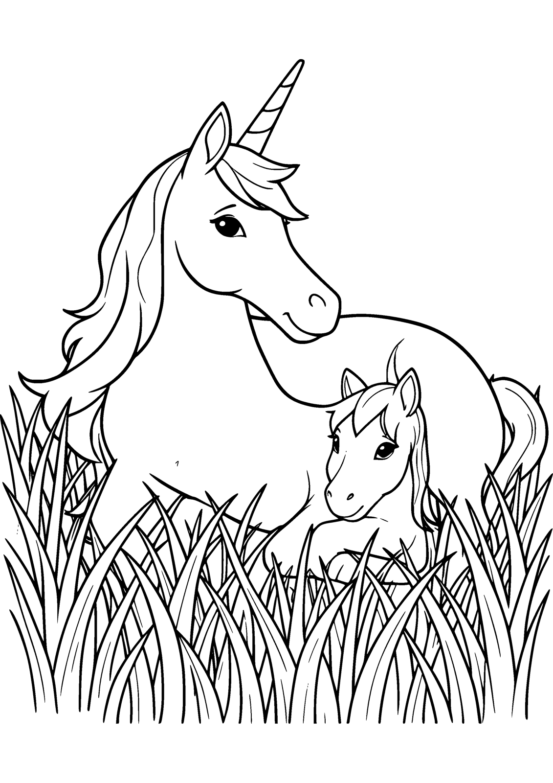 Unicorn and Foal coloring page — a unicorn rests with its foal in tall grass, free printable line art to color