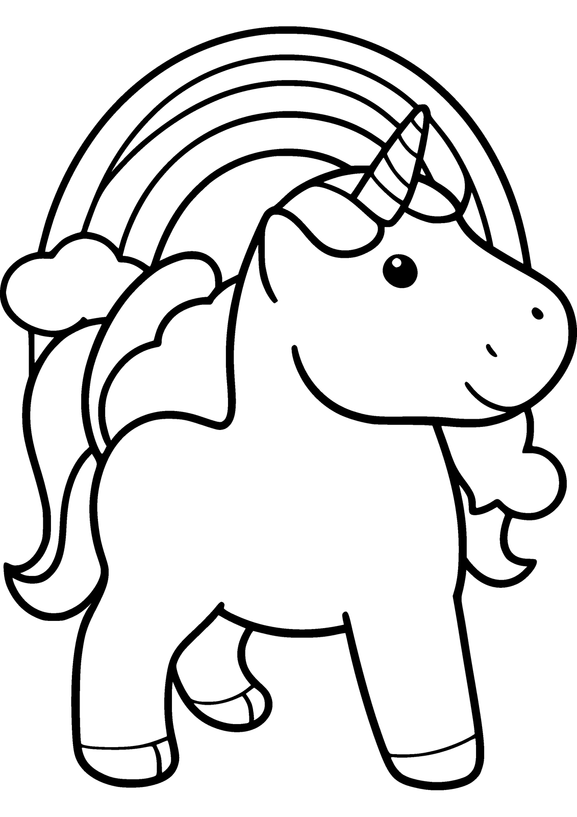 Unicorn and Rainbow coloring page — a smiling unicorn stands under a rainbow, free printable line art to color