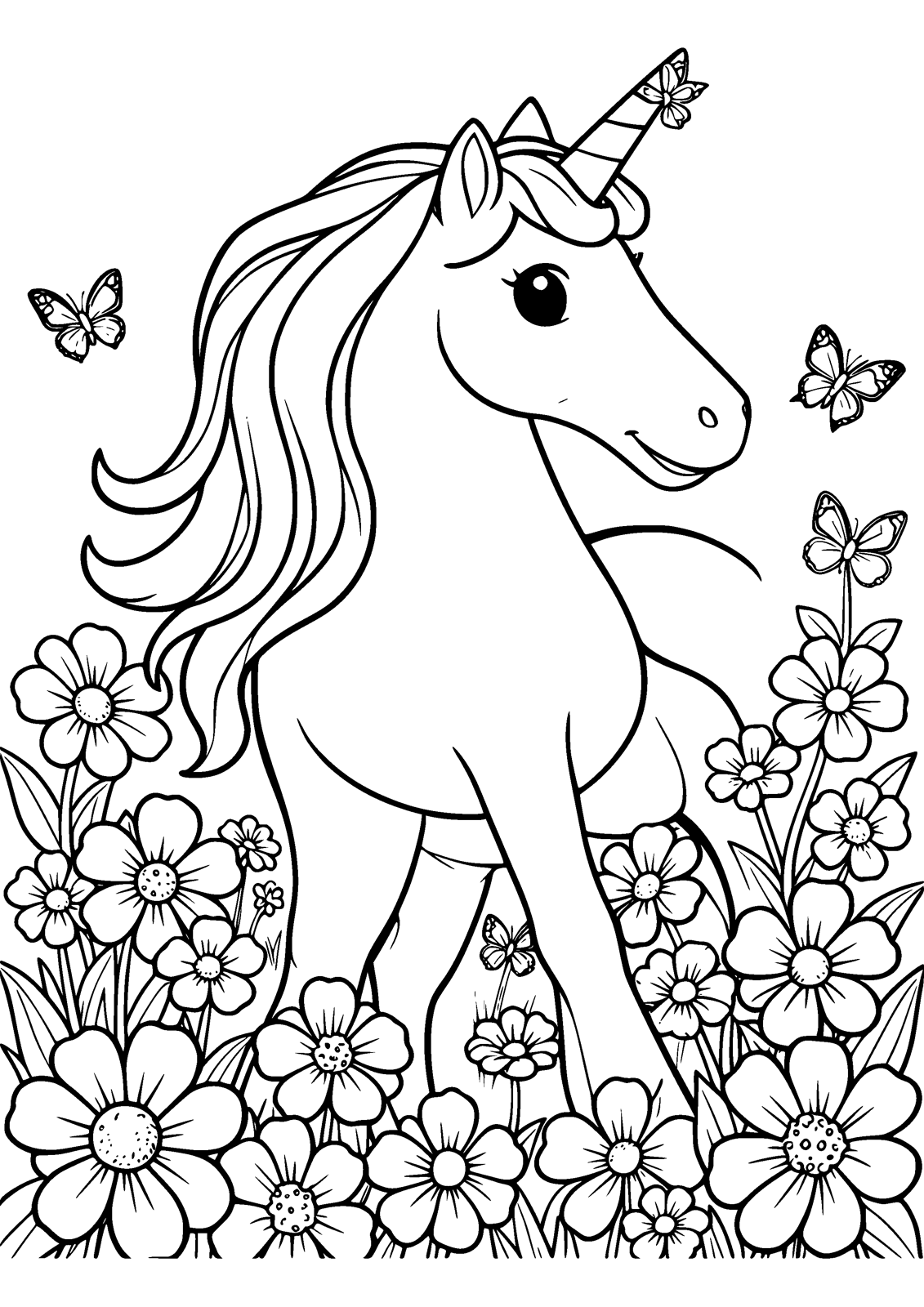 Unicorn in the Flower Meadow coloring page — a unicorn in a meadow of flowers and butterflies, free printable line art to color