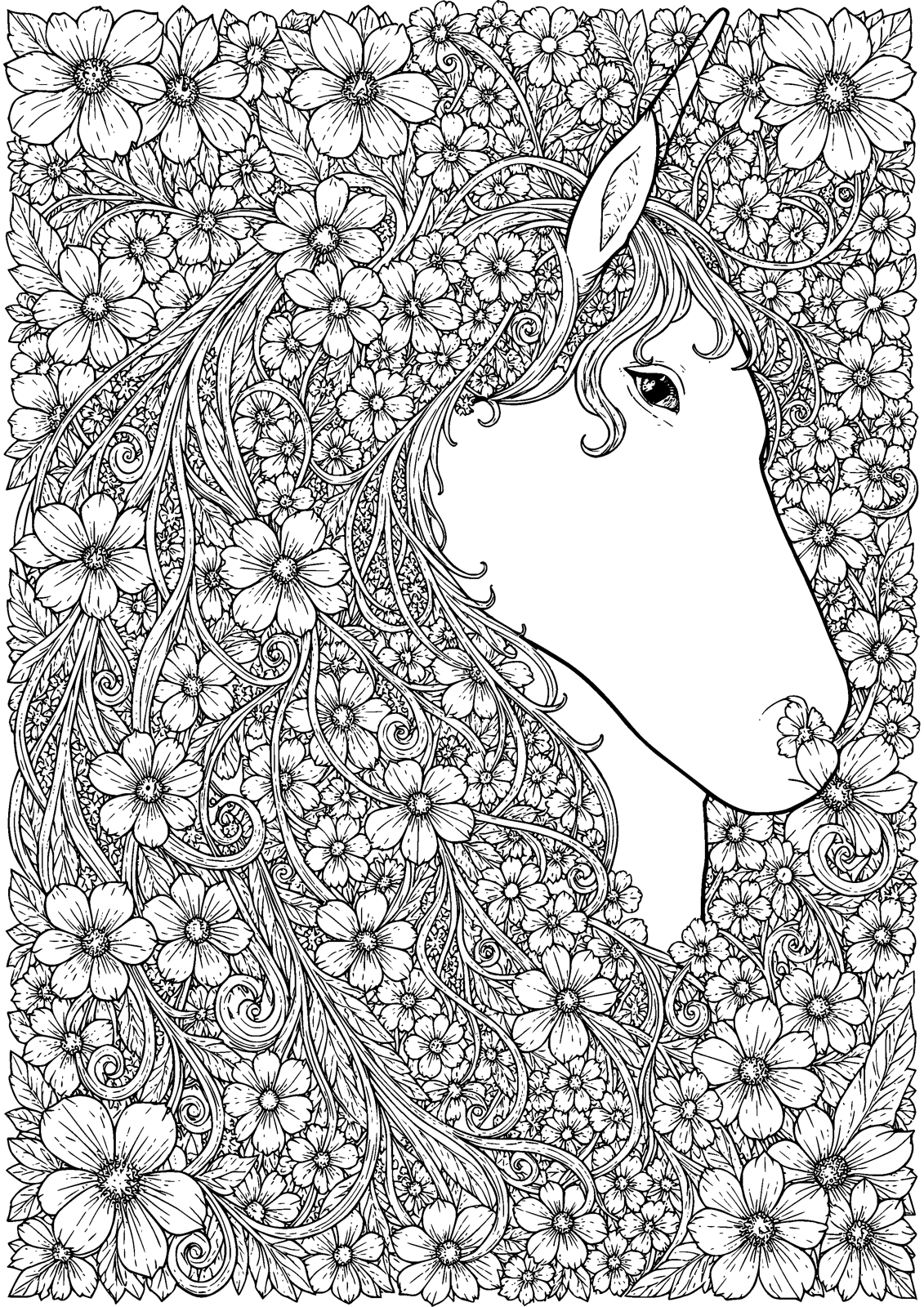 Unicorn Mane of Flowers coloring page — a unicorn whose mane is woven from flowers, free printable line art to color
