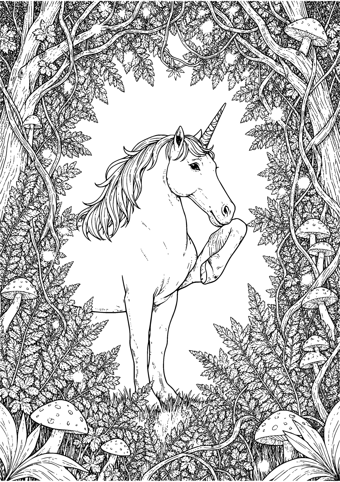 Unicorn in the Starlit Forest coloring page — a unicorn in a forest of ferns and fireflies, free printable line art to color