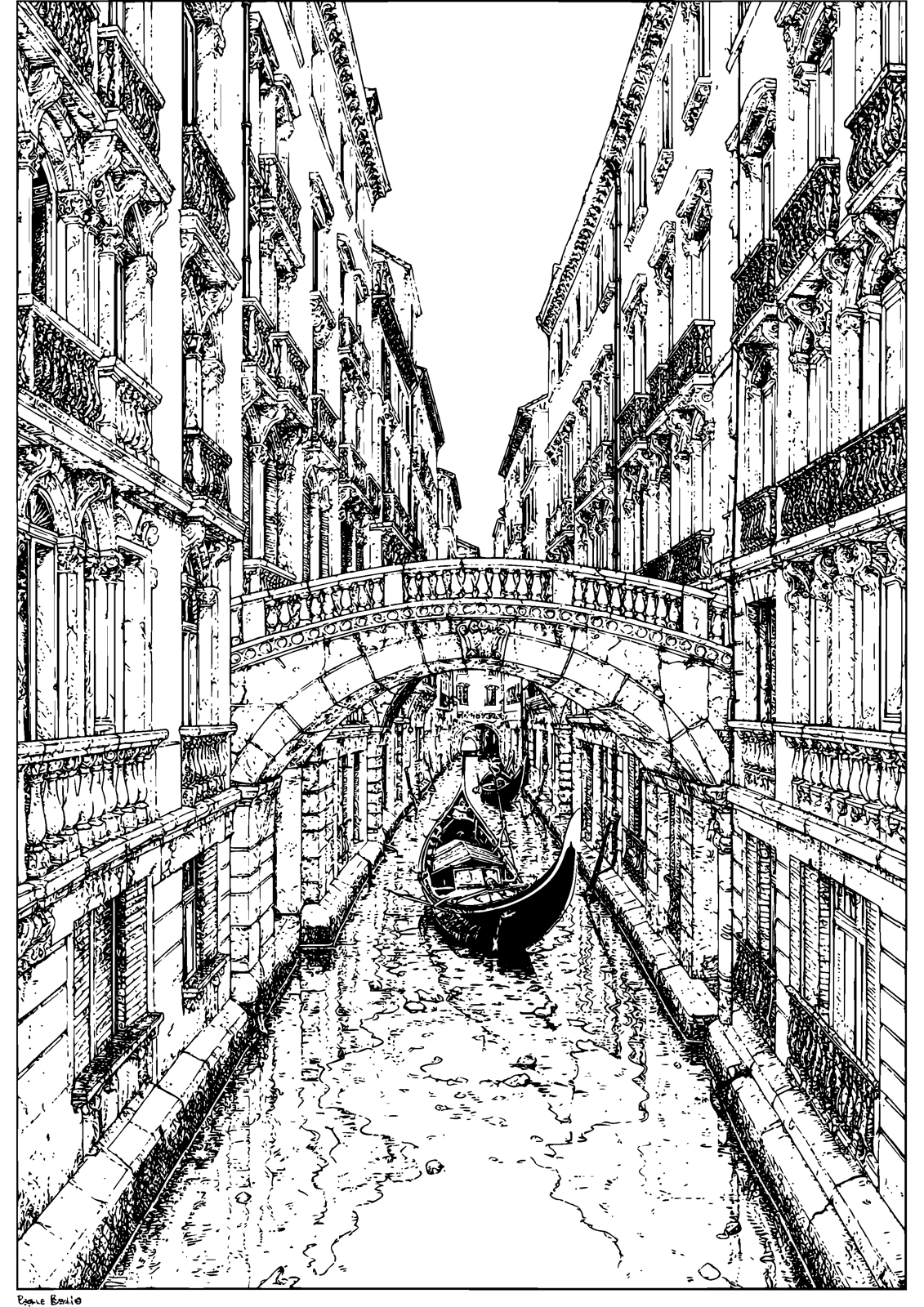 Venetian Canal coloring page — a gondola glides beneath an old Venetian bridge, free printable line art to color