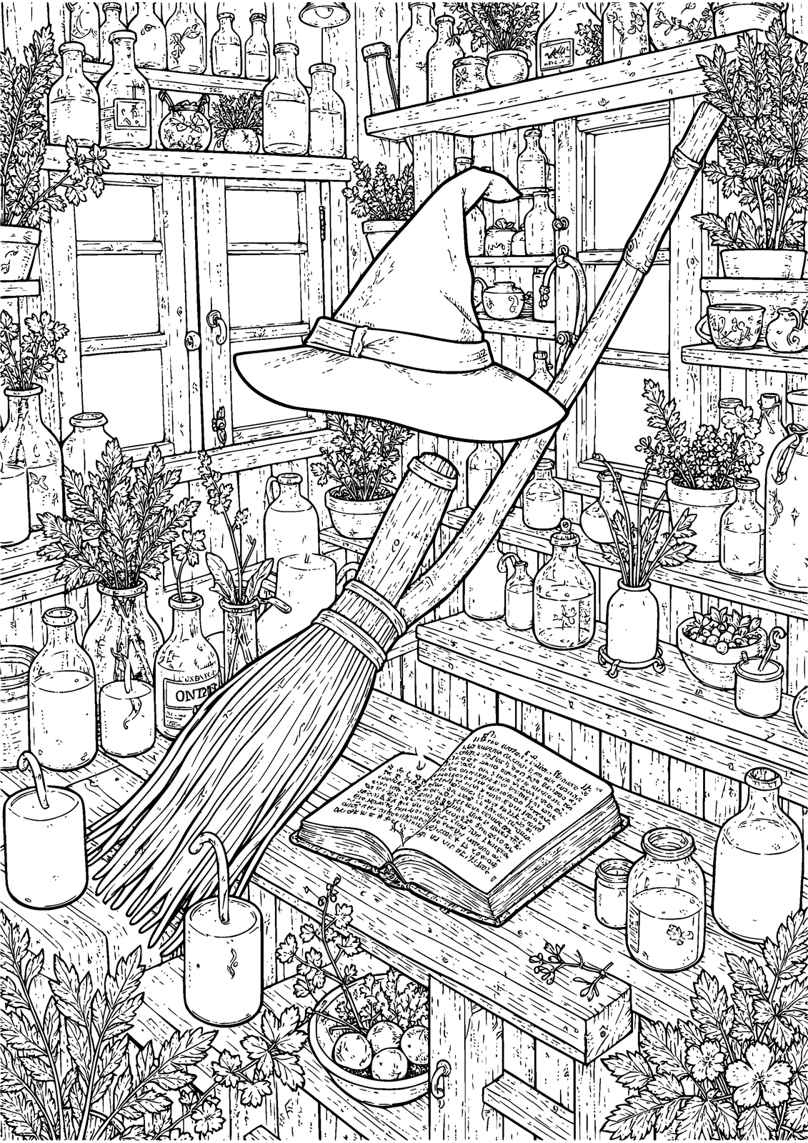Witch's Workshop coloring page — a crowded workshop of bottles, herbs and candles, free printable line art to color