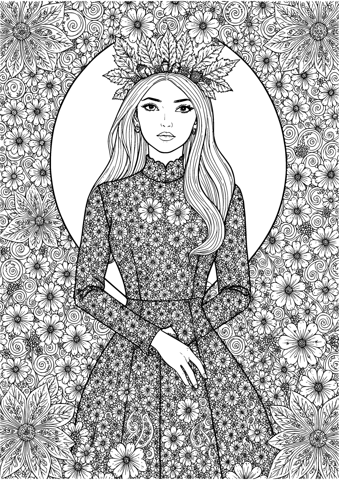 Autumn Queen coloring page — autumn leaves crown a flowing zentangle portrait, free printable line art to color