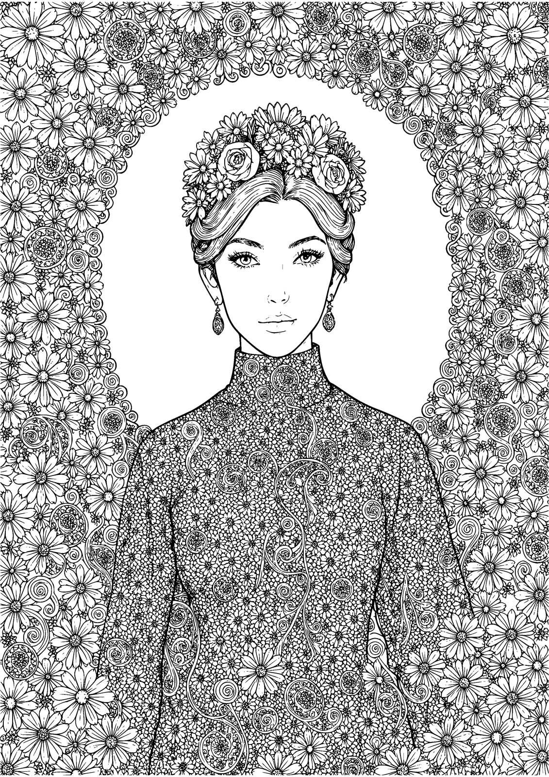 Flower Crown Lady coloring page — a serene portrait wreathed in doodle blooms, free printable line art to color